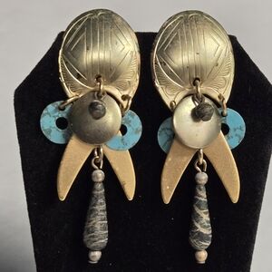 Vintage Mixed Metals and Stone Dangle Earrings 2 1/2"X3/4"